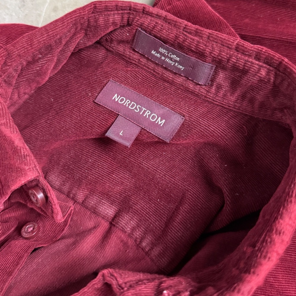 Nordstrom Mens Burgundy Corduroy Button Down Shirt Large Long Sleeve Cotton - Picture 8 of 9